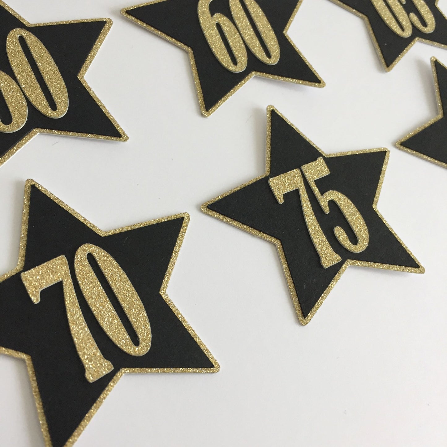 6 Black & Gold NUMBERED STAR Die Cut Card Making Toppers 50, 60, 65, 70, 75, 80