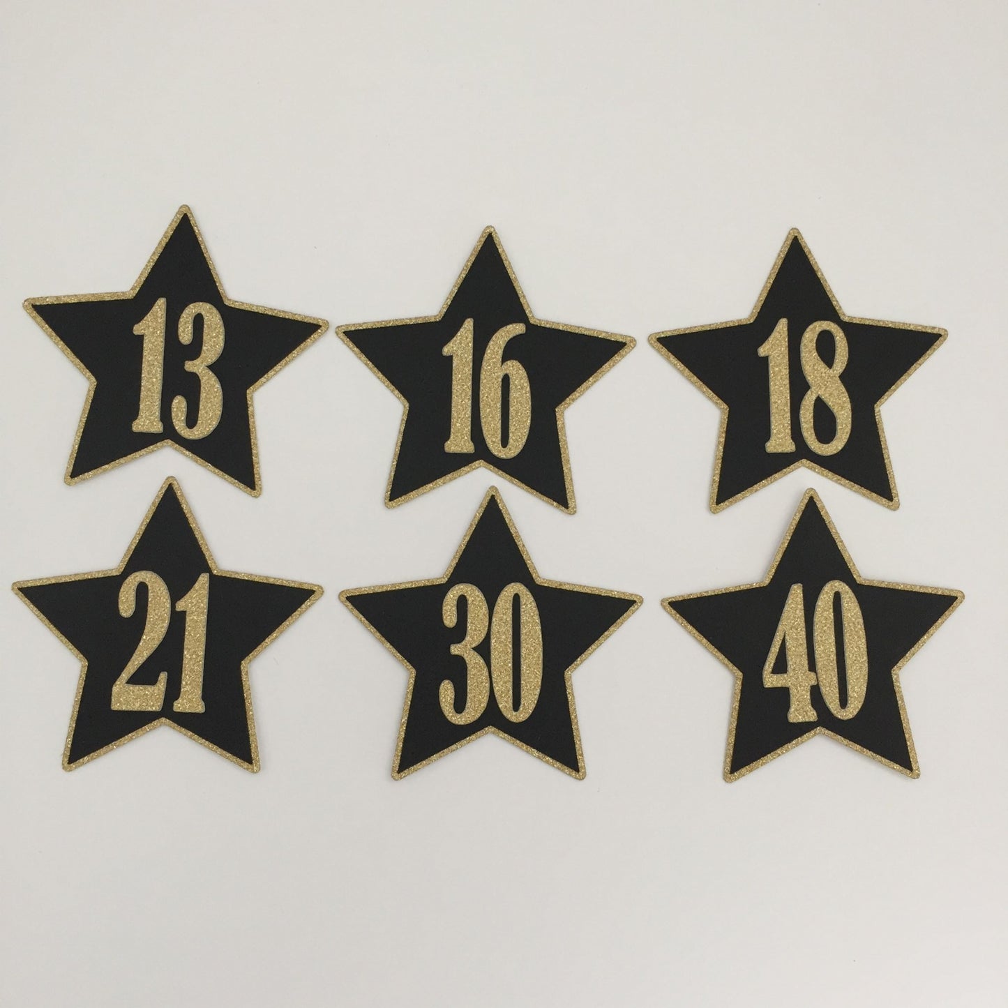 6 Black & Gold NUMBERED STAR Die Cut Card Making Toppers - 13, 16, 18, 21, 30, 40