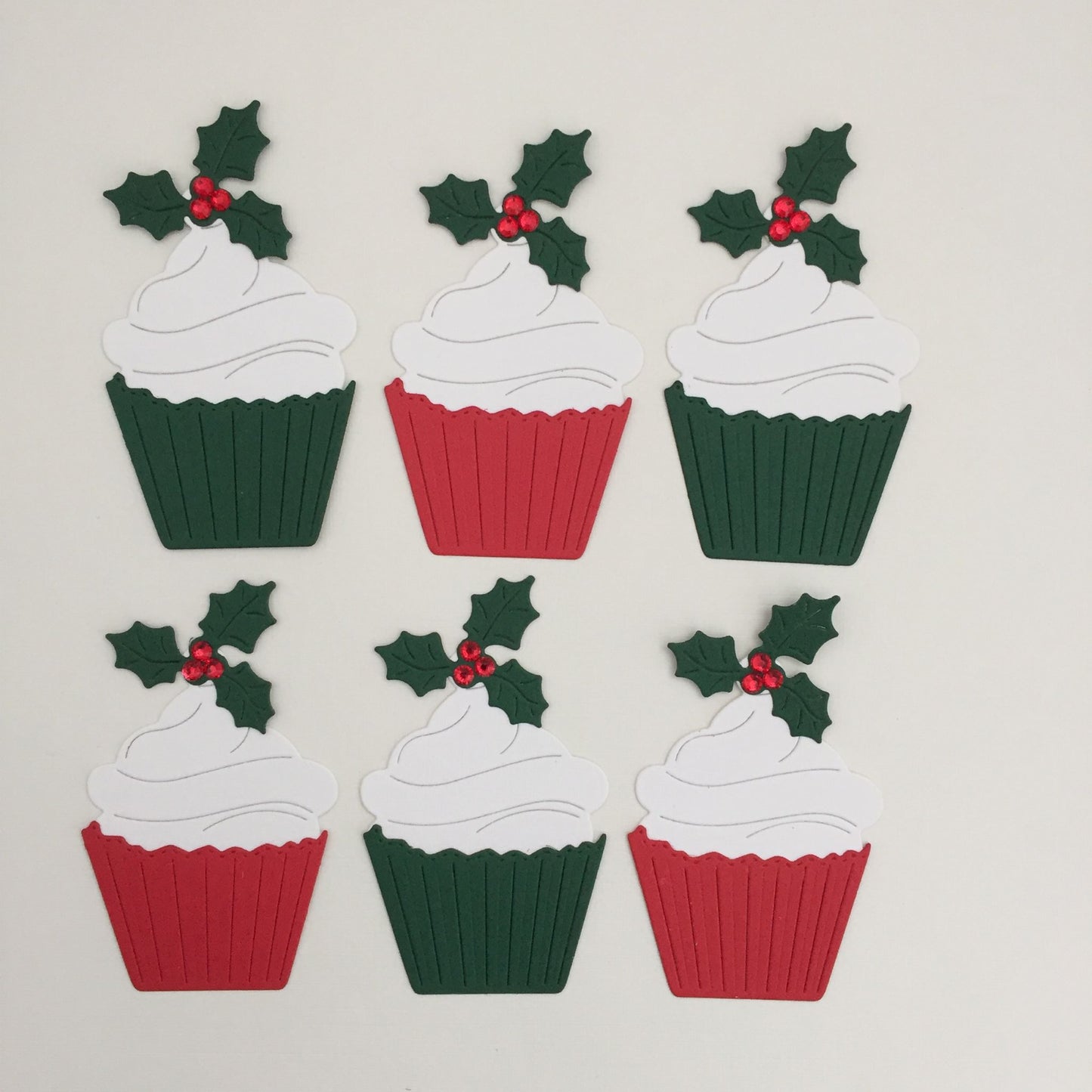6 Red & Green CHRISTMAS CUPCAKE Card Making Die Cut Toppers
