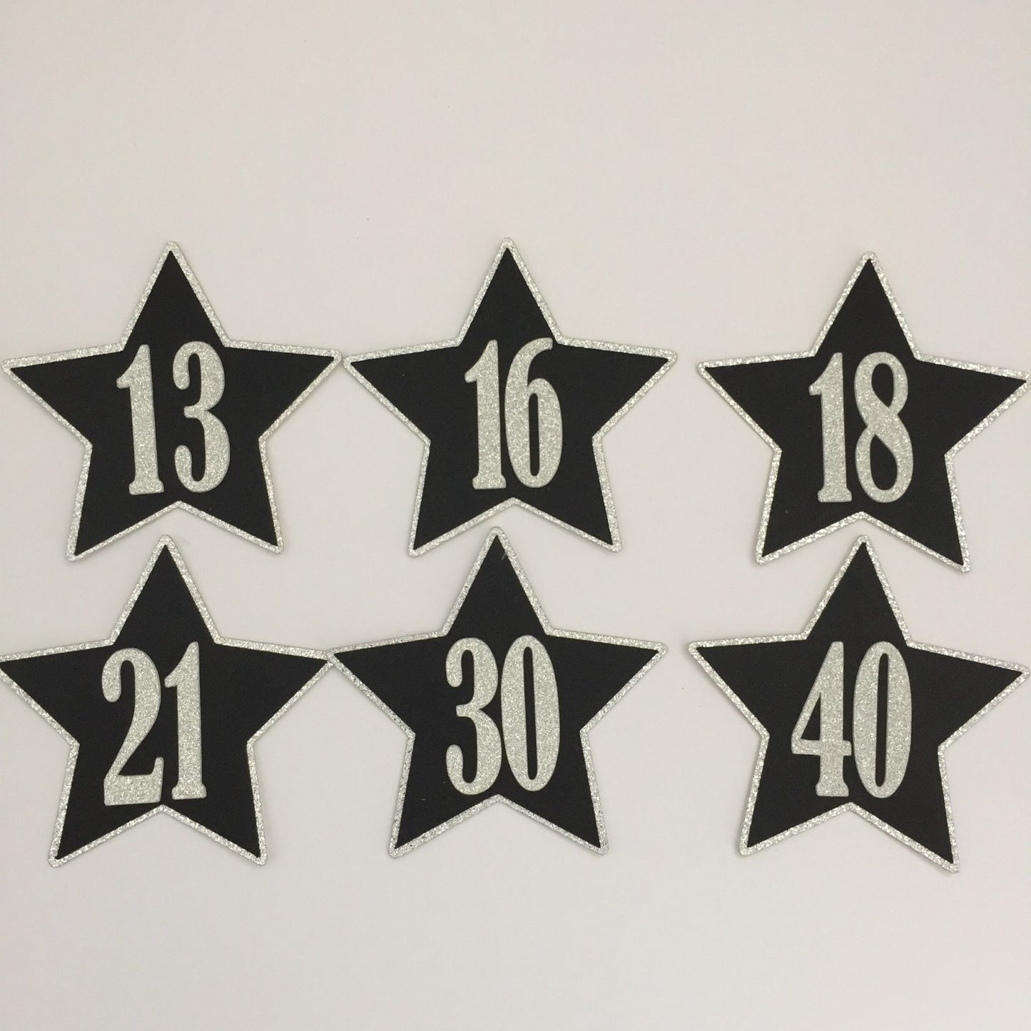 6 Black & Silver NUMBERED STAR Die Cut Card Making Toppers 13, 16, 18, 21, 30, 40