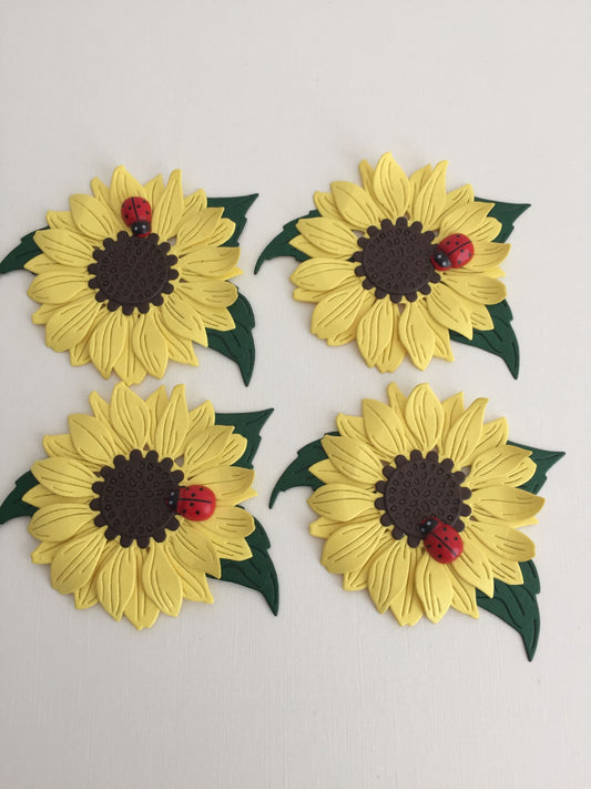 4 Yellow SUNFLOWER HEAD Die Cut Card Making Toppers