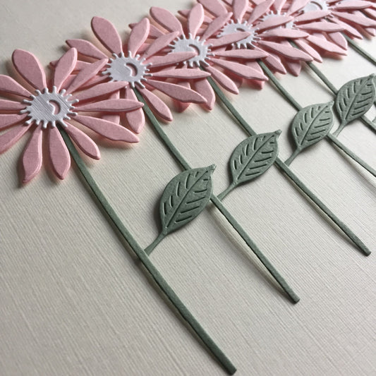 8 Pink & White STEMMED FLOWER Die Cut Card Making Toppers