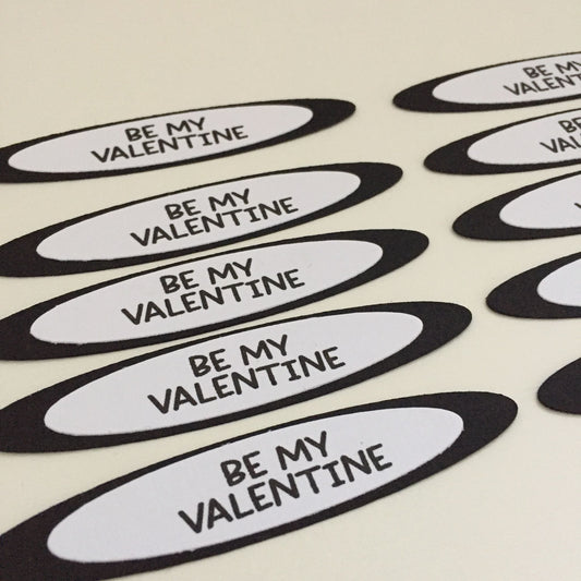 10 'BE MY VALENTINE' Black & White Oval Sentiment Card Making Toppers