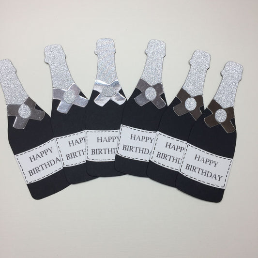 6 Black HAPPY BIRTHDAY CHAMPAGNE BOTTLE Die Cut Card Making Toppers