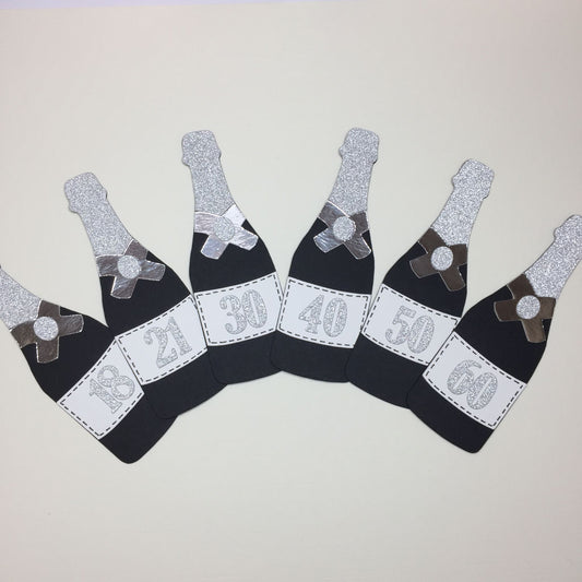 6 Black NUMBERED CHAMPAGNE BOTTLE Die Cut Card Making Toppers 18 21 30 40 50 60