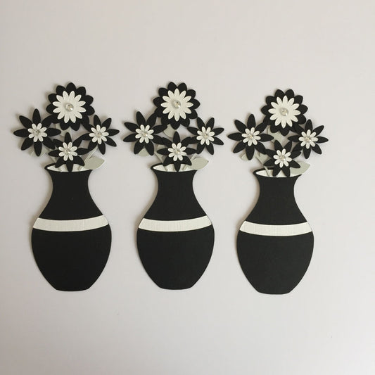 3 Black & White VASE WITH FLOWERS Die Cut Card Making Toppers