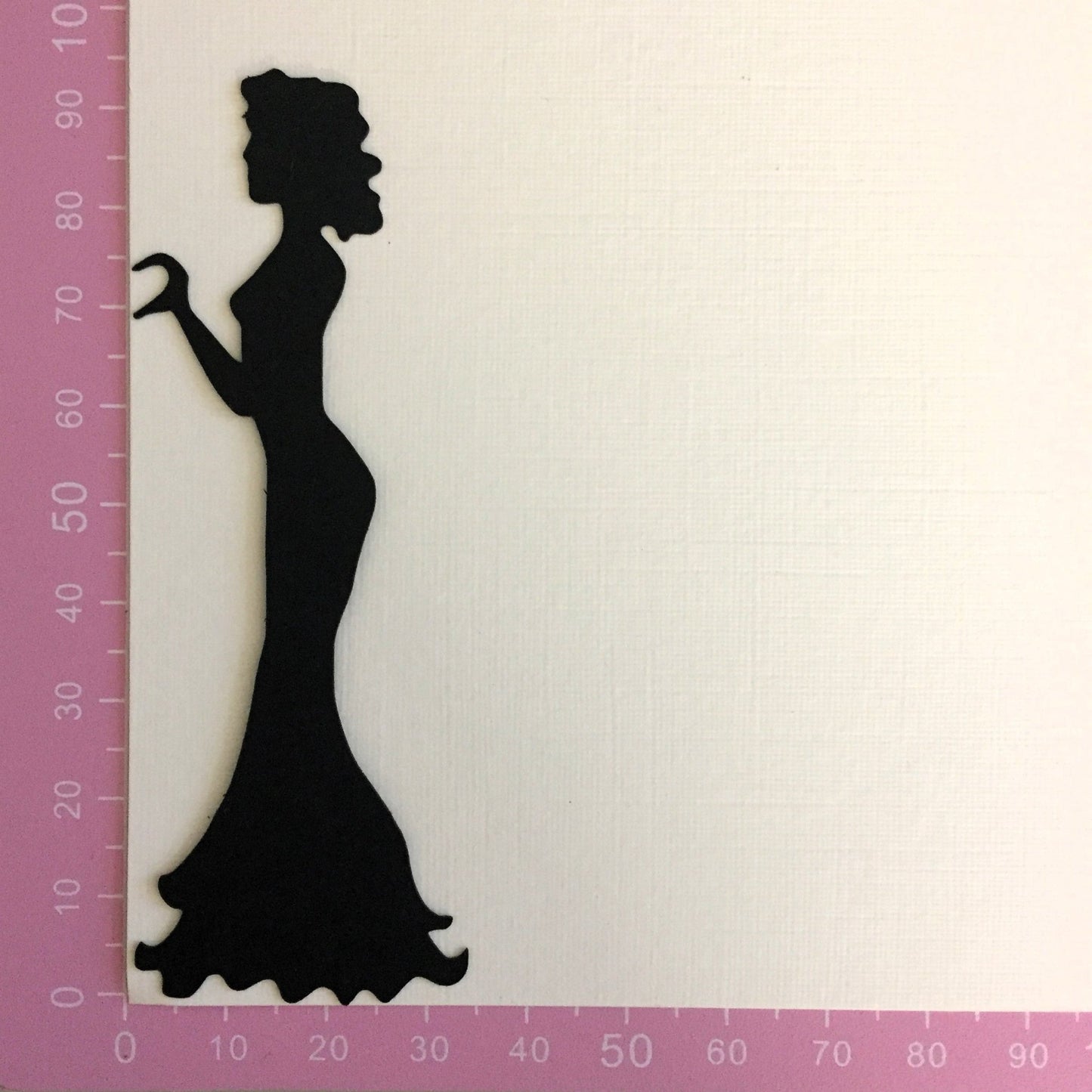 Black bride silhouette die cut showing measurements