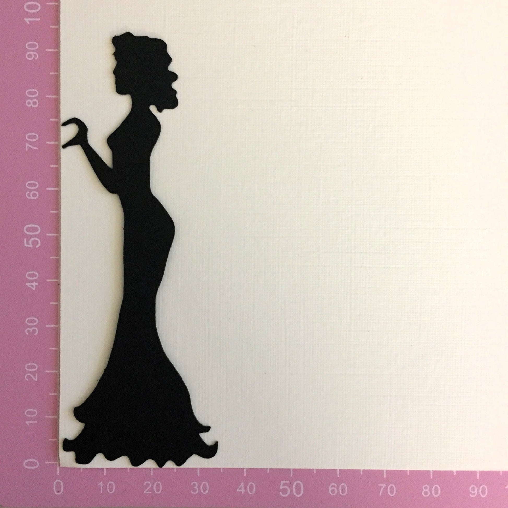 Black bride silhouette die cut showing measurements