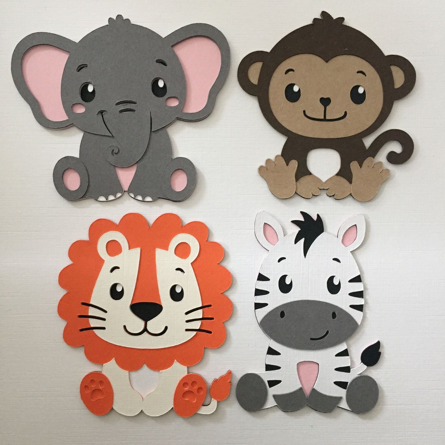 4 ZOO ANIMAL Die Cut Card Making Toppers - LION, MONKEY, ELEPHANT, ZEBRA
