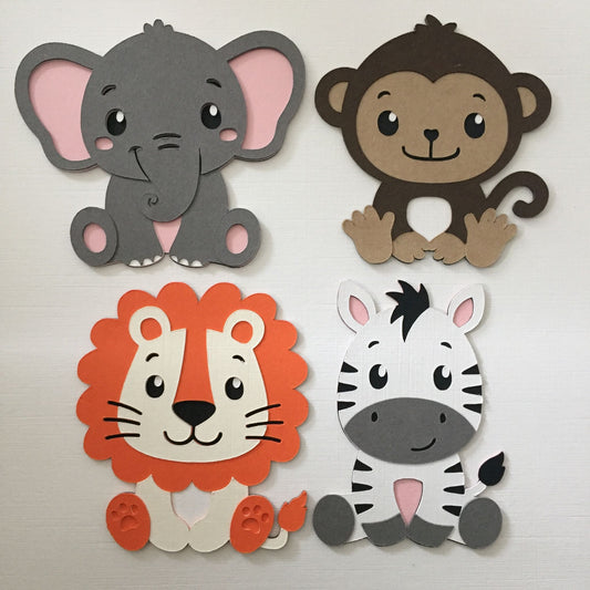 4 ZOO ANIMAL Die Cut Card Making Toppers - LION, MONKEY, ELEPHANT, ZEBRA
