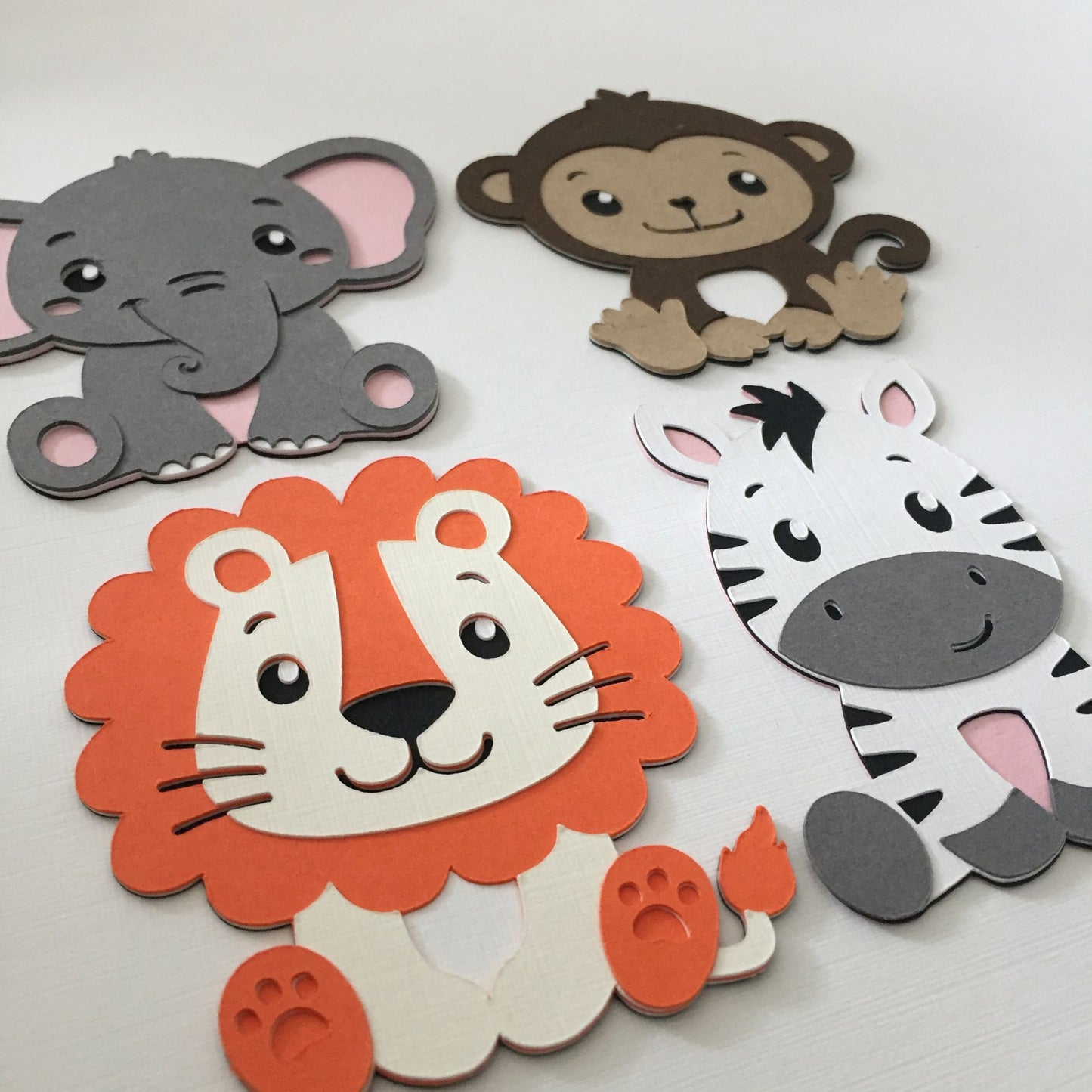 4 ZOO ANIMAL Die Cut Card Making Toppers - LION, MONKEY, ELEPHANT, ZEBRA