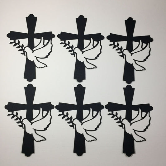 6 Black CROSS WITH DOVE Sympathy Card Making Die Cut Toppers
