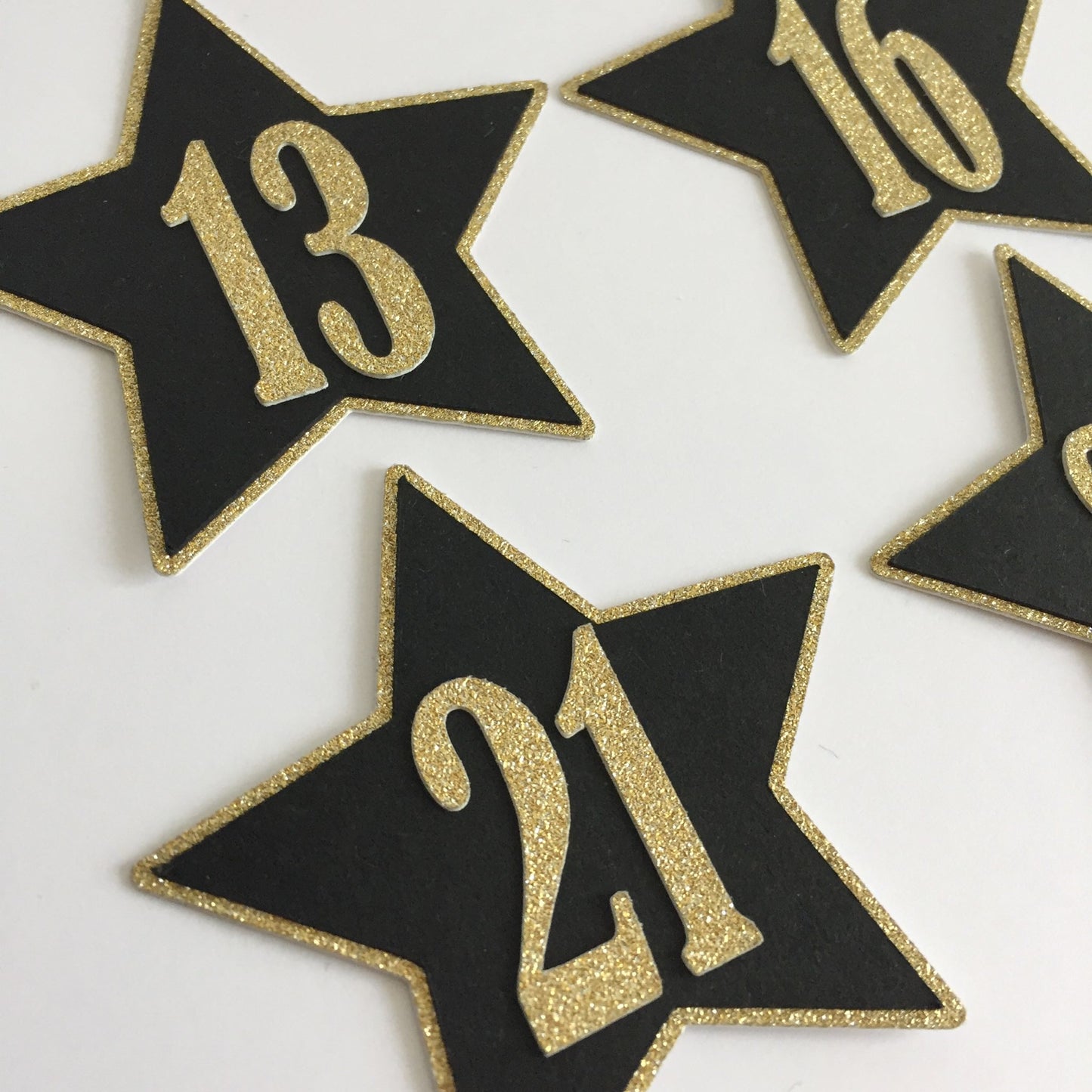6 Black & Gold NUMBERED STAR Die Cut Card Making Toppers - 13, 16, 18, 21, 30, 40