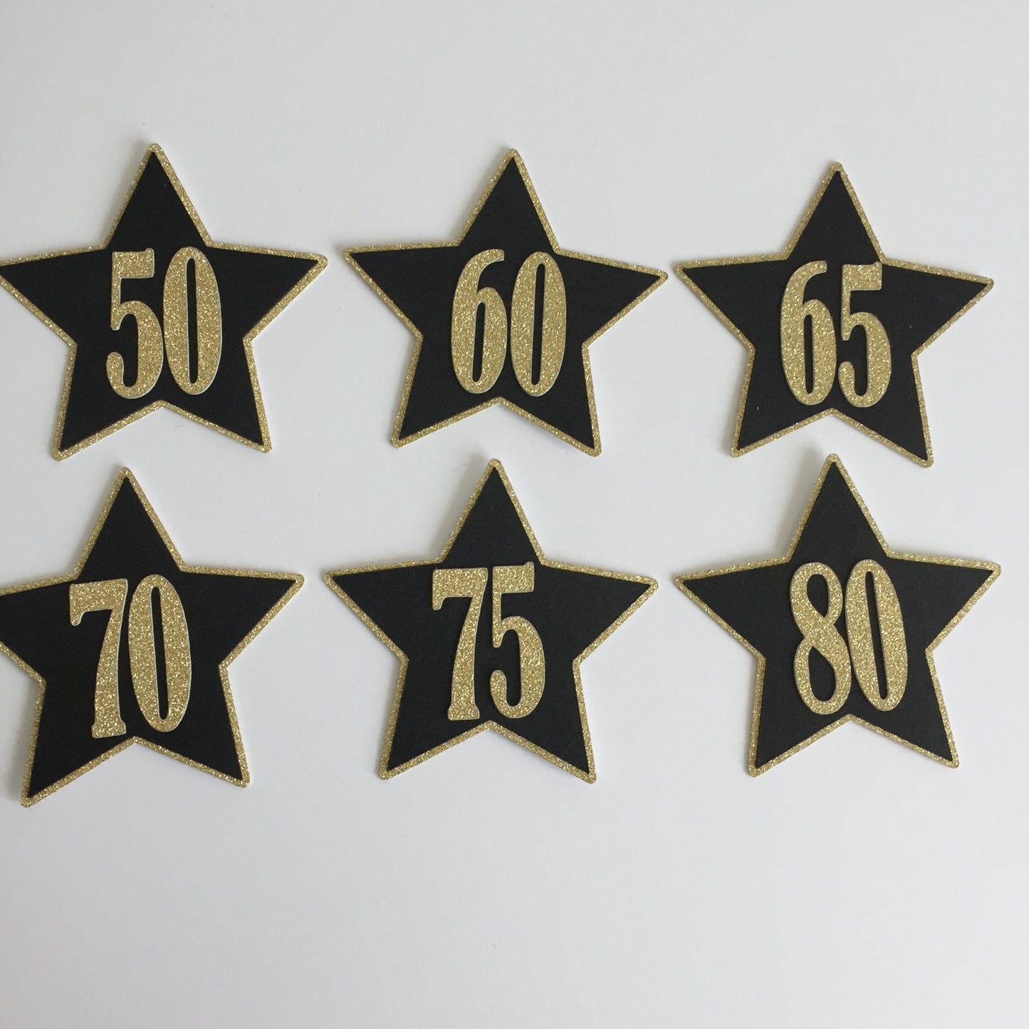 6 Black & Gold NUMBERED STAR Die Cut Card Making Toppers 50, 60, 65, 70, 75, 80