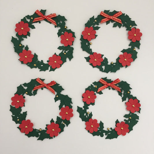 4 HOLLY WREATH - RED FLOWERS Christmas Die Cut Card Making Toppers