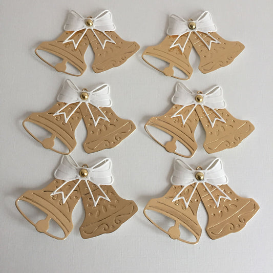 6 BELL Ivory & Gold Wedding/Christmas Die Cut Card Making Toppers