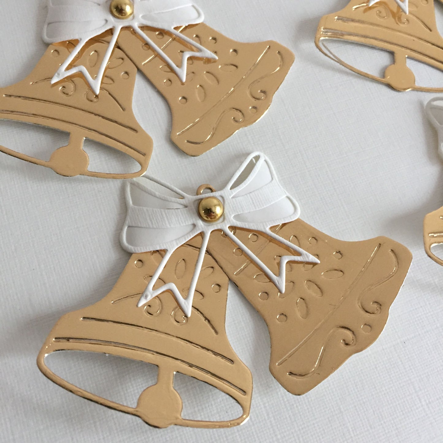 6 BELL Ivory & Gold Wedding/Christmas Die Cut Card Making Toppers