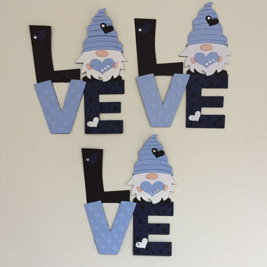 3 Blue LOVE GNOME Valentine Die Cut Card Making Toppers