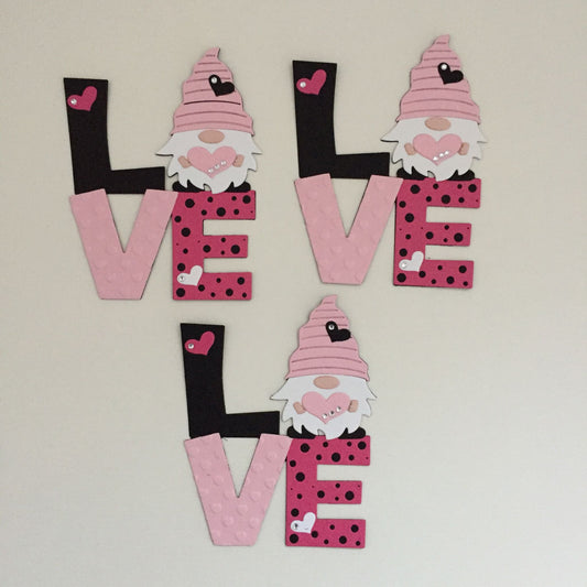 3 Pink LOVE GNOME Valentine Die Cut Card Making Toppers