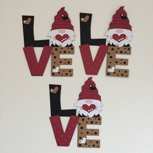 3 Red LOVE GNOME Valentine Die Cut Card Making Toppers