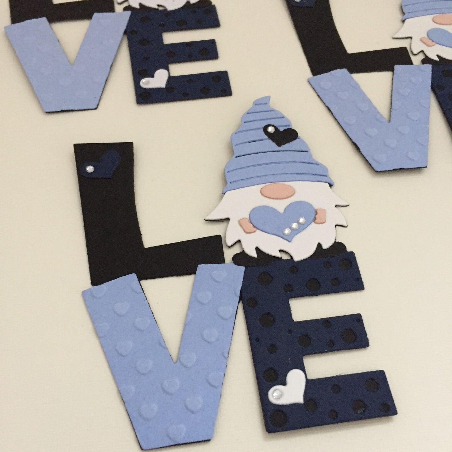 3 Blue LOVE GNOME Valentine Die Cut Card Making Toppers