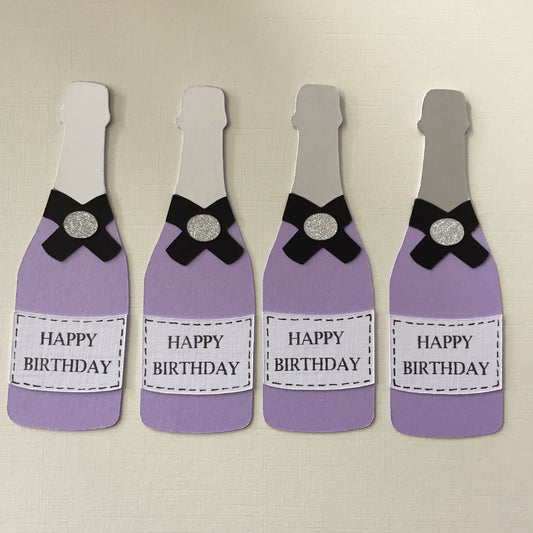 4 Lilac HAPPY BIRTHDAY CHAMPAGNE BOTTLE Die Cut Card Making Toppers