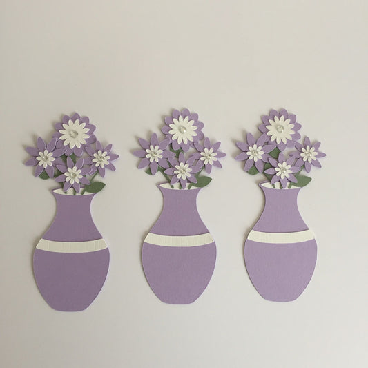 3 Lilac & White VASE WITH FLOWERS Die Cut Card Making Toppers