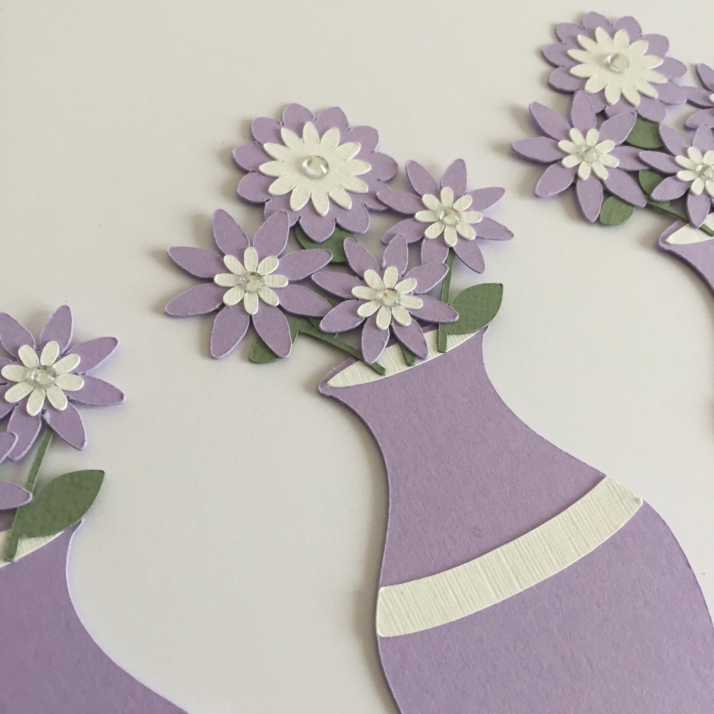 3 Lilac & White VASE WITH FLOWERS Die Cut Card Making Toppers
