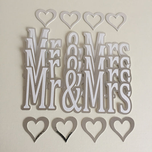 4 MR & MRS WITH HEARTS Silver & White Wedding Die Cut Card Toppers