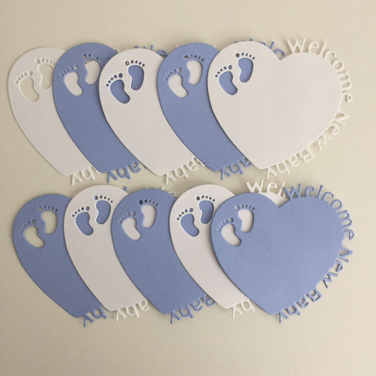 10 Blue & White WELCOME NEW BABY HEART Card Making Die Cuts