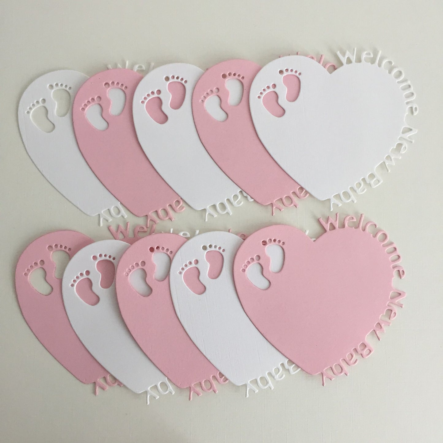 10 Pink & White WELCOME NEW BABY HEART Card Making Die Cuts