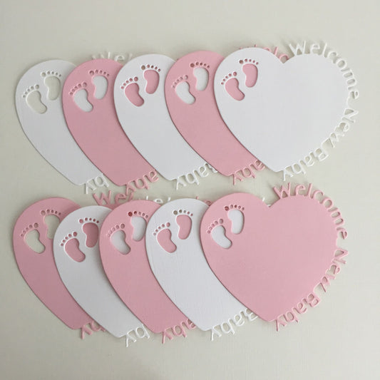 10 Pink & White WELCOME NEW BABY HEART Card Making Die Cuts