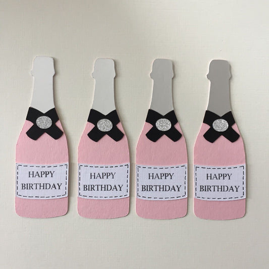 4 Pink HAPPY BIRTHDAY CHAMPAGNE BOTTLE Die Cut Card Making Toppers