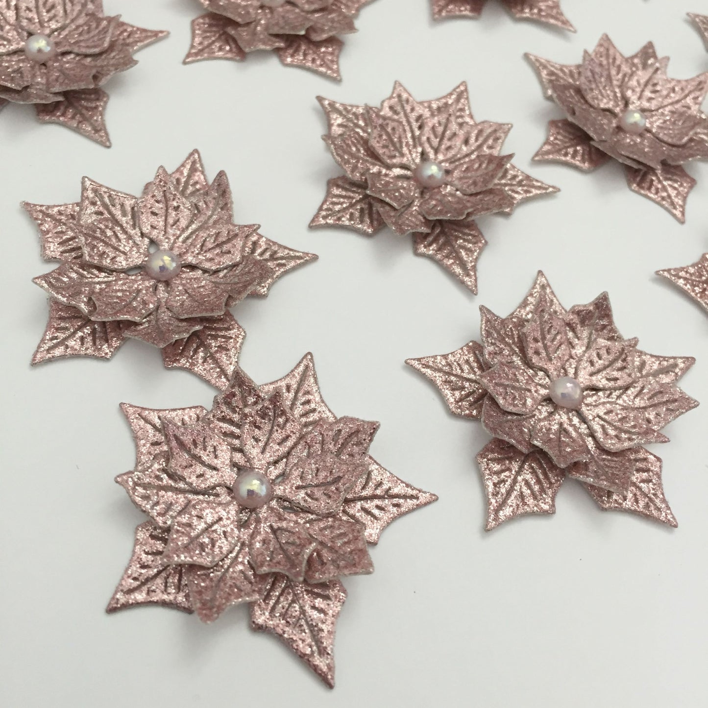 12 Pink Glitter POINSETTIA Christmas Die Cut Card Making Toppers