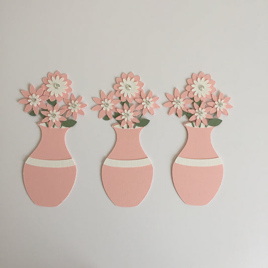 3 Pink & White VASE WITH FLOWERS Die Cut Card Making Toppers