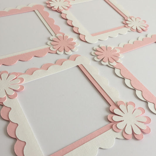 4 Pink & White FLORAL FRAMES Die Cut Card Making Toppers