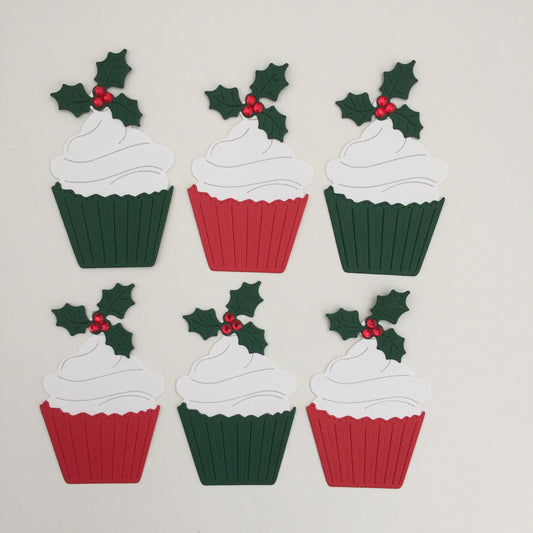 6 Red & Green CHRISTMAS CUPCAKE Card Making Die Cut Toppers