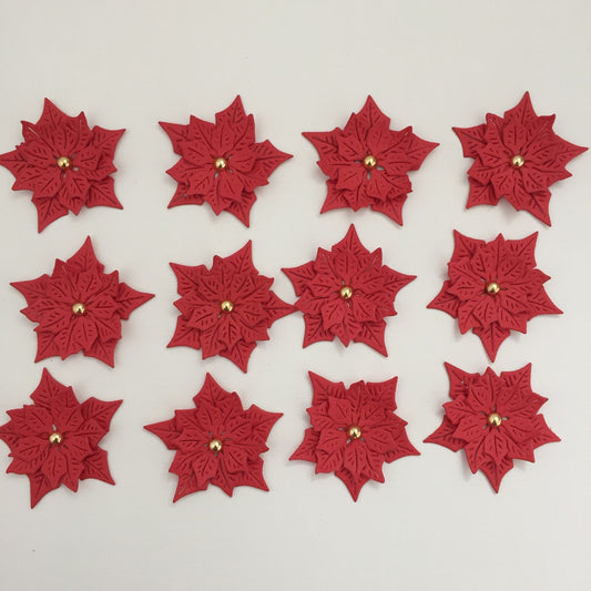 12 Red POINSETTIA Christmas Die Cut Card Making Toppers