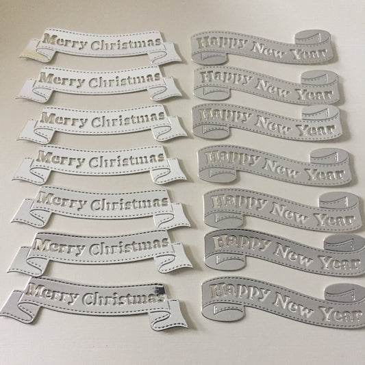 14 Silver MERRY CHRISTMAS, HAPPY NEW YEAR Card Making Die Cuts