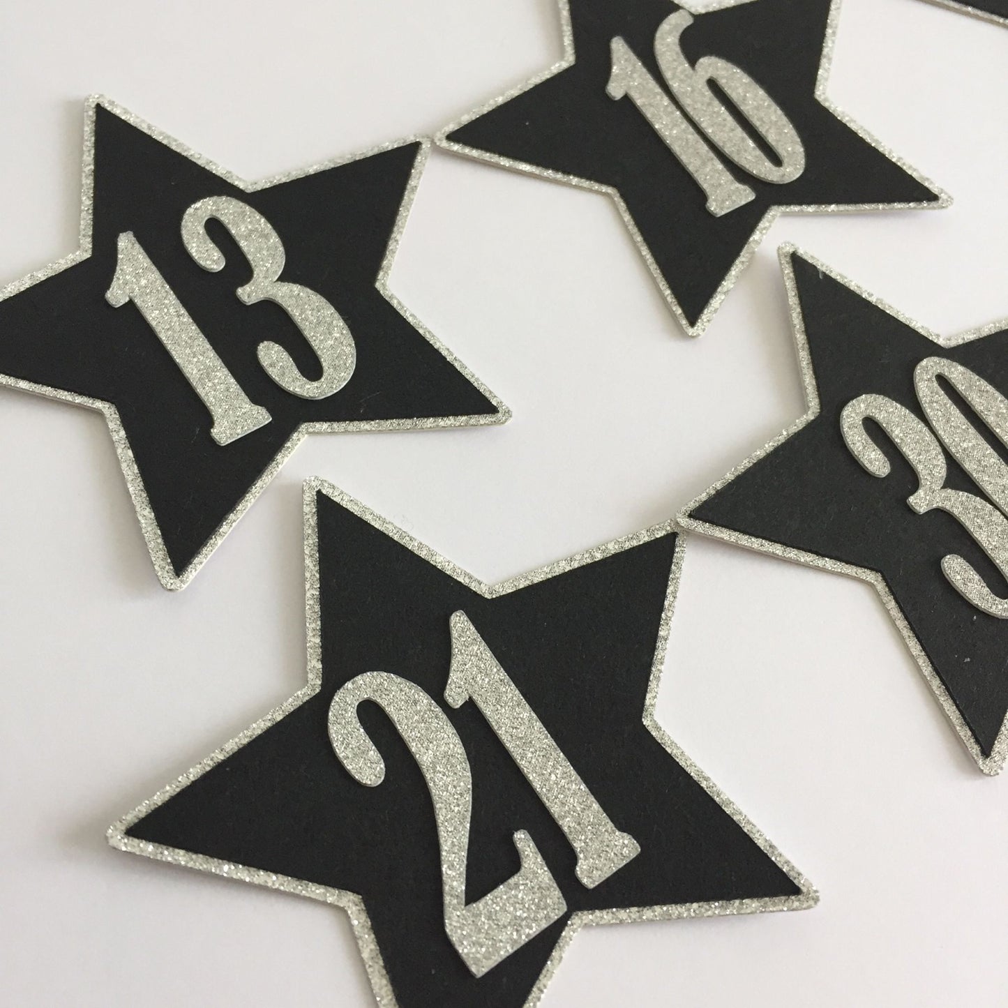 6 Black & Silver NUMBERED STAR Die Cut Card Making Toppers 13, 16, 18, 21, 30, 40