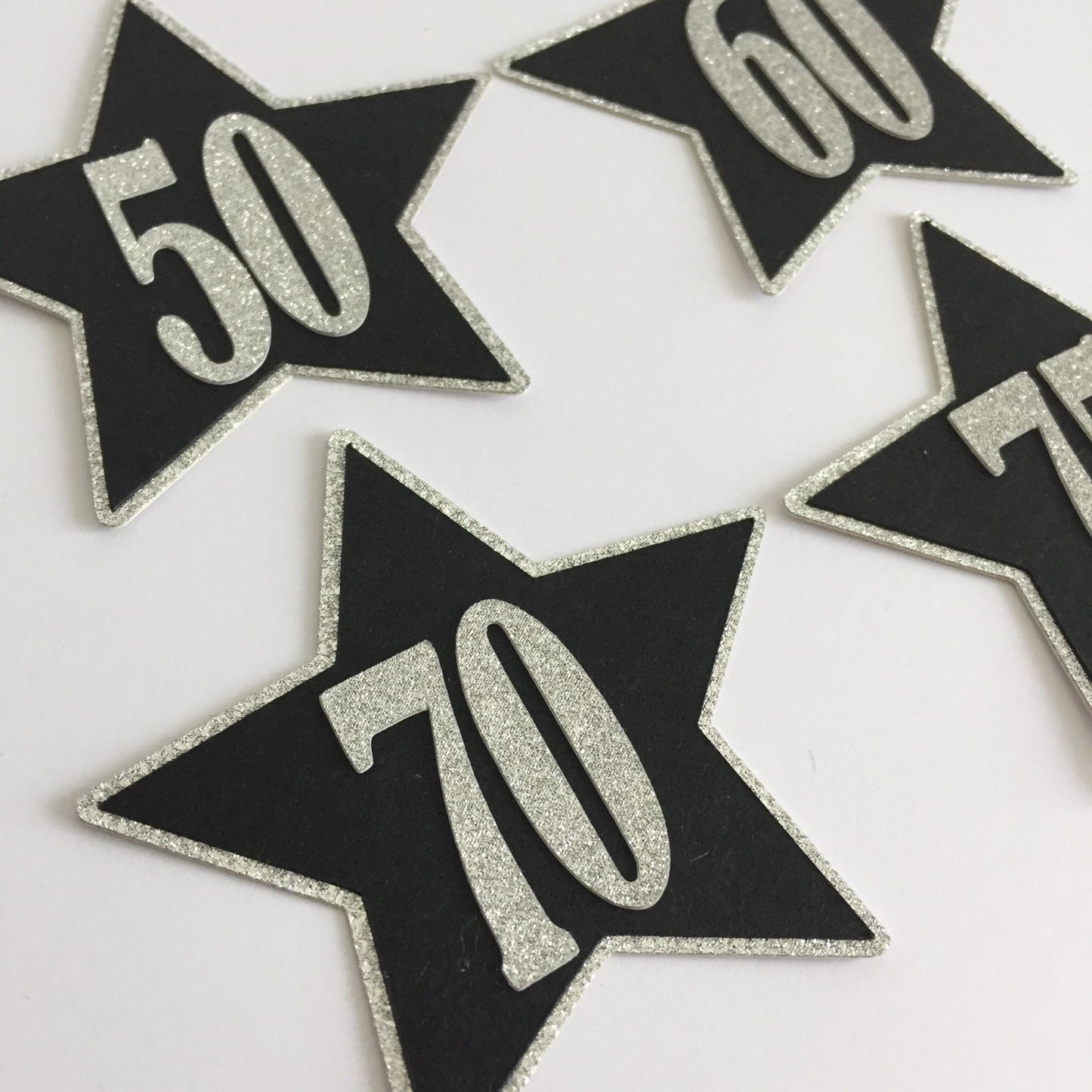 6 Black & Silver NUMBERED STAR Die Cut Card Making Toppers 50, 60, 65, 70, 75, 80