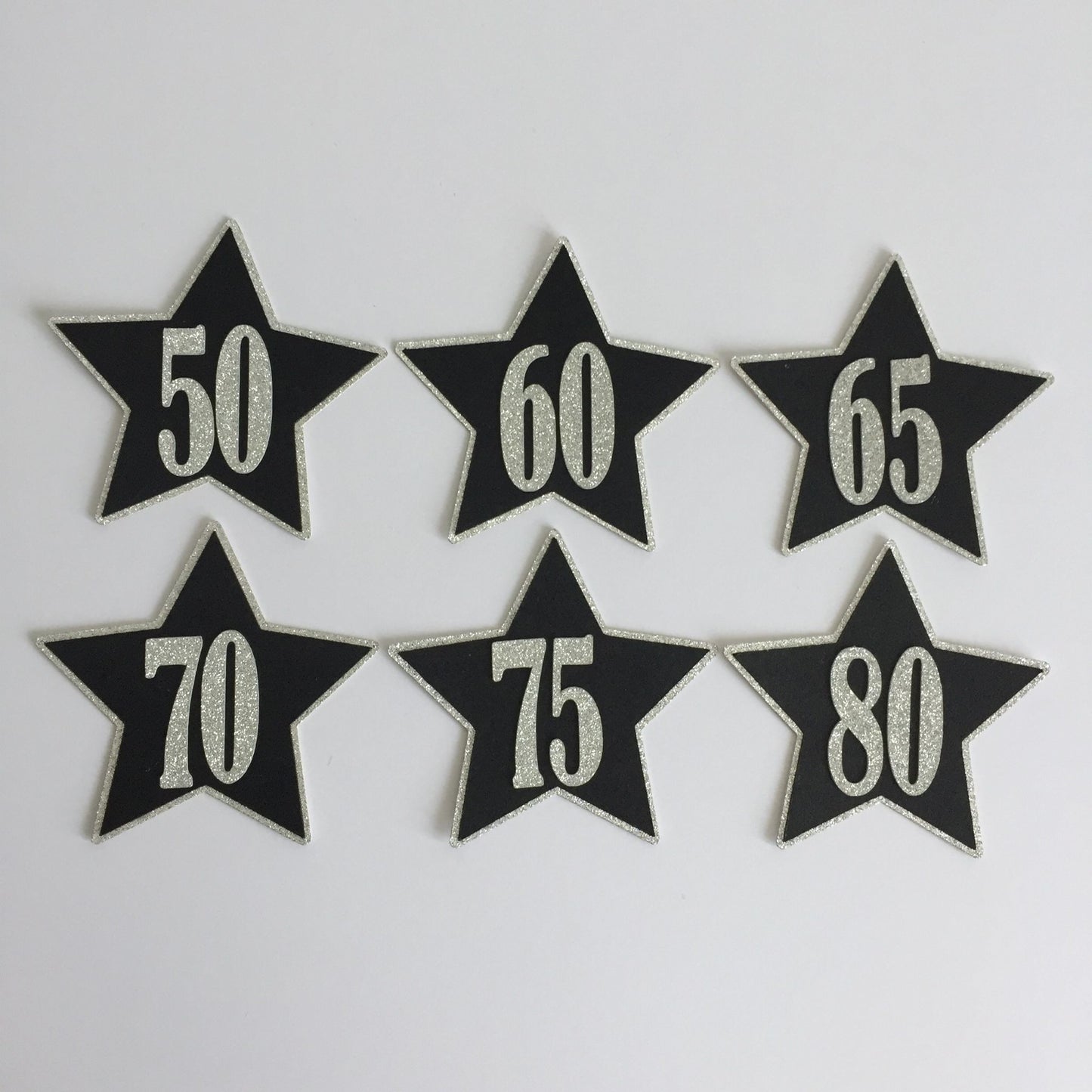 6 Black & Silver NUMBERED STAR Die Cut Card Making Toppers 50, 60, 65, 70, 75, 80
