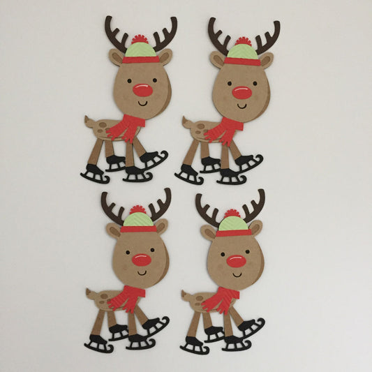 4 SKATING REINDEER Christmas Card Making Die Cut Toppers