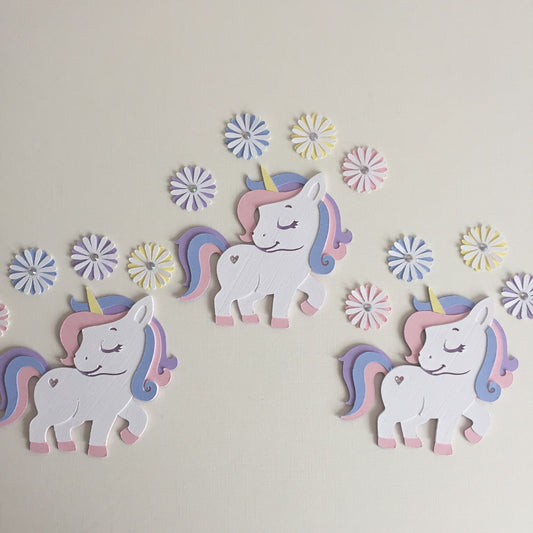 3 Pastel UNICORN & FLOWERS Die Cut Card Making Toppers