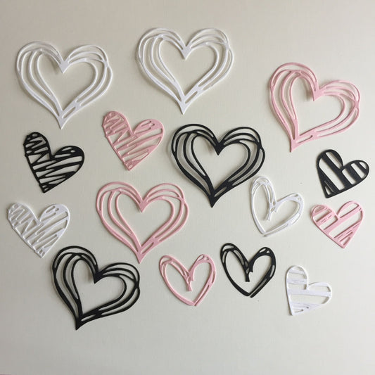 15 ASSORTED HEARTS Pink, Black, White Card Making Die Cuts