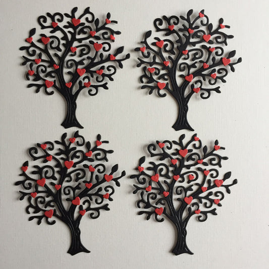 4 TREE SILHOUETTE With RED Hearts Valentine Die Cut Card Making Toppers