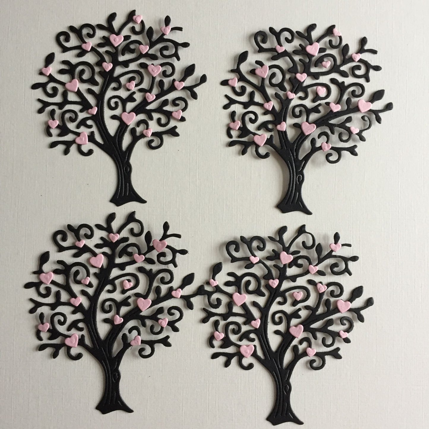 4 TREE SILHOUETTE With PINK Hearts Valentine Die Cut Card Making Toppers