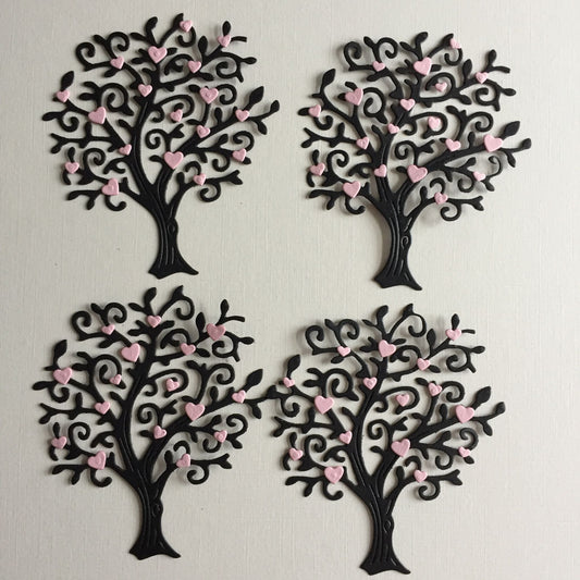 4 TREE SILHOUETTE With PINK Hearts Valentine Die Cut Card Making Toppers