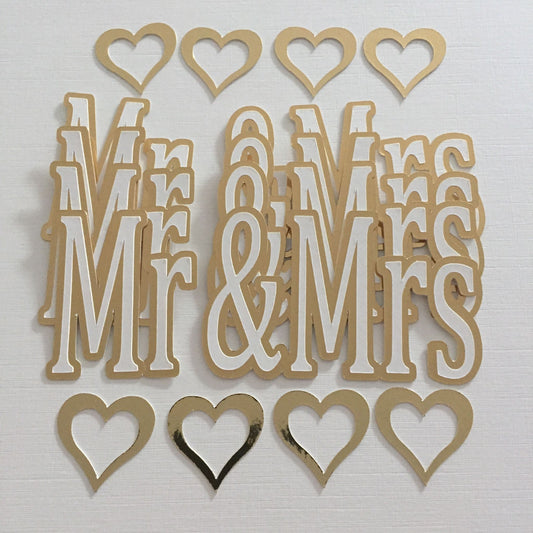 4 MR & MRS WITH HEARTS Gold & Ivory Wedding Die Cut Card Making Toppers