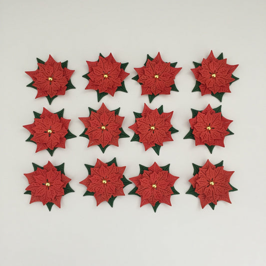 12 Red POINSETTIA Christmas Die Cut Card Making Toppers